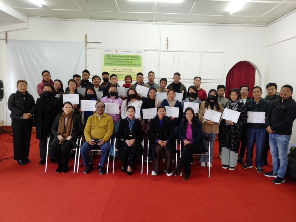 State Programme Officer, Directorate of Health & Family Welfare, Dr Vezokholu Theyo, department officials and TB champions at the state level capacity building workshop cum launch of State Network for TB Survivors at Kohima on January 19.